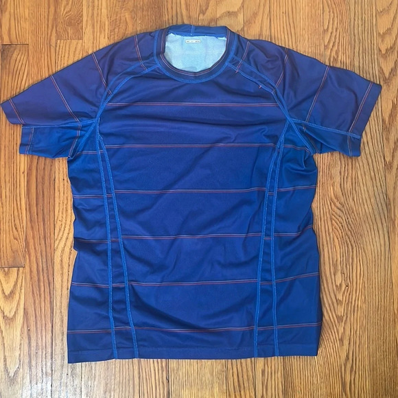Lululemon Wet Dry Warm Crew Neck Short Sleeve Shirt Blue Stripe Men’s size L - Picture 1 of 6